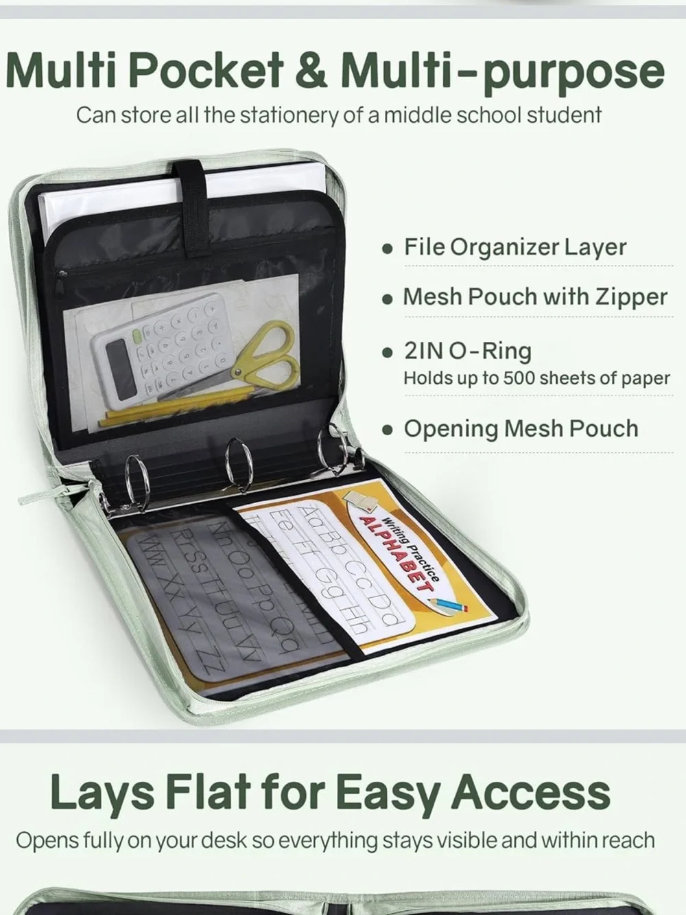 Sage Green zippered 2” Binder Bag with Handle. NEW!